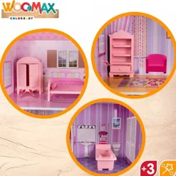 Casita de muñecas de madera Woomax 3 plantas 14 accesorios +3A rosa 112x80x31 cm
