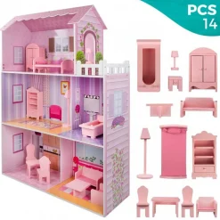 Casita de muñecas de madera Woomax 3 plantas 14 accesorios +3A rosa 112x80x31 cm