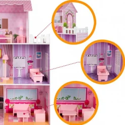 Casita de muñecas de madera Woomax 3 plantas 14 accesorios +3A rosa 112x80x31 cm