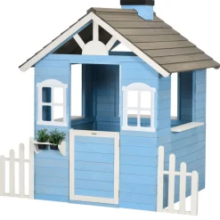 Casita infantil Almería Outsunny ventanas + chimenea + vallas azul 142x51x112 cm