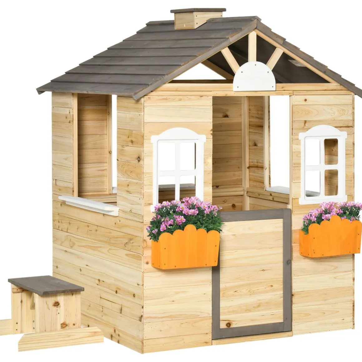 Casita infantil Cádiz Outsunny banco + maceteros natural 134,5x113x94 cm