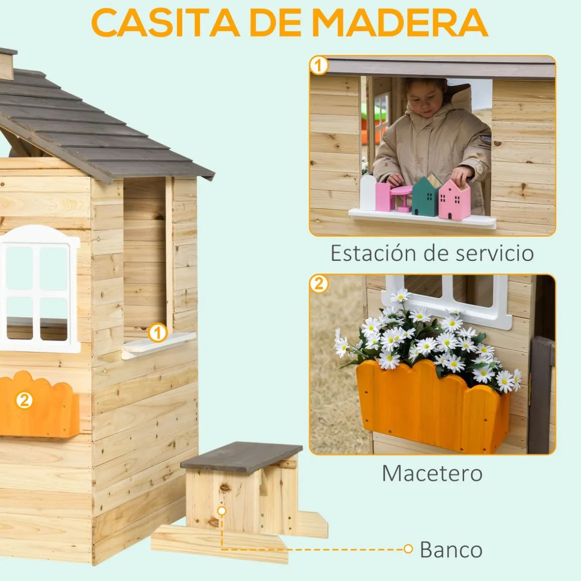 Casita infantil Cádiz Outsunny banco + maceteros natural 134,5x113x94 cm