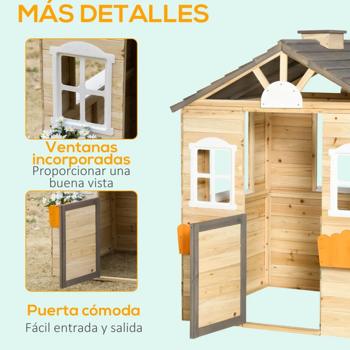 Casita infantil Cádiz Outsunny banco + maceteros natural 134,5x113x94 cm