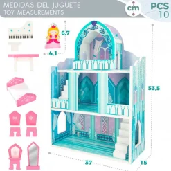 Castillo de muñecas de madera Woomax 10 piezas +3A azul 53,5x37x15 cm