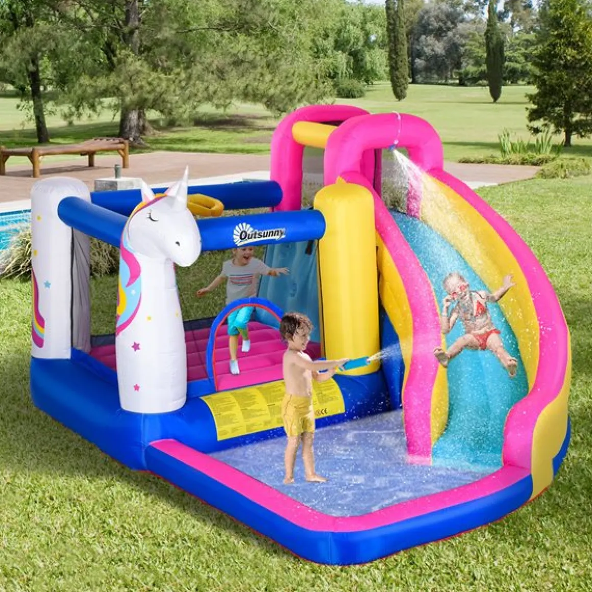 Castillo hinchable acuático Outsunny +3 años con tobogán unicornio 210x380x320 cm