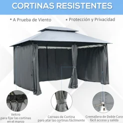 Cenador de jardín Outsunny techo doble 6 cortinas 3x4m
