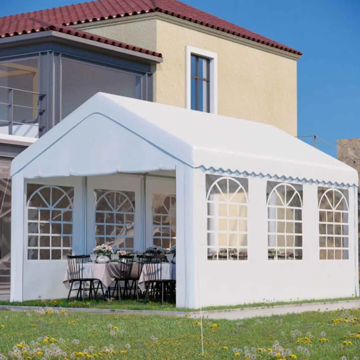 Cenador de jardín Outsunny 6 ventanas 4 paneles blanco 280x405x600 cm