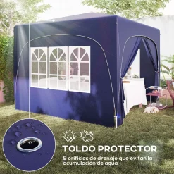 Cenador Garden Outsunny plegable + regulable + 2 ventanas + 2 puertas 300x300 cm