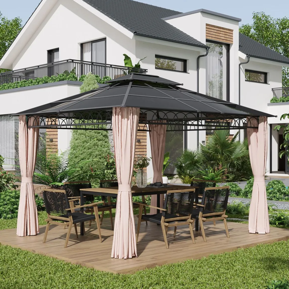 Cenador Mark Outsunny doble techo + cortinas + mosquiteras negro/crema 278x360x300 cm