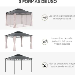 Cenador Mark Outsunny doble techo + cortinas + mosquiteras negro/crema 278x360x300 cm