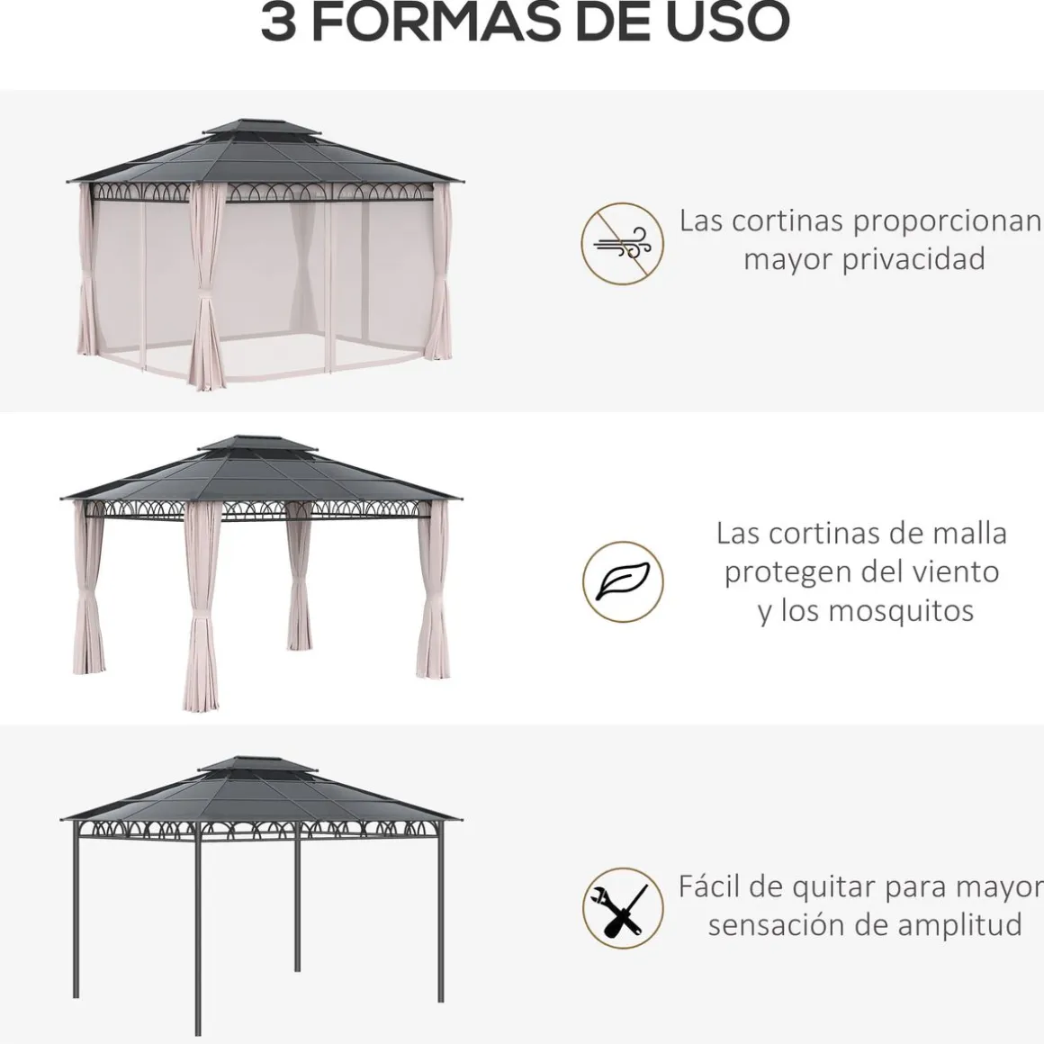 Cenador Mark Outsunny doble techo + cortinas + mosquiteras negro/crema 278x360x300 cm