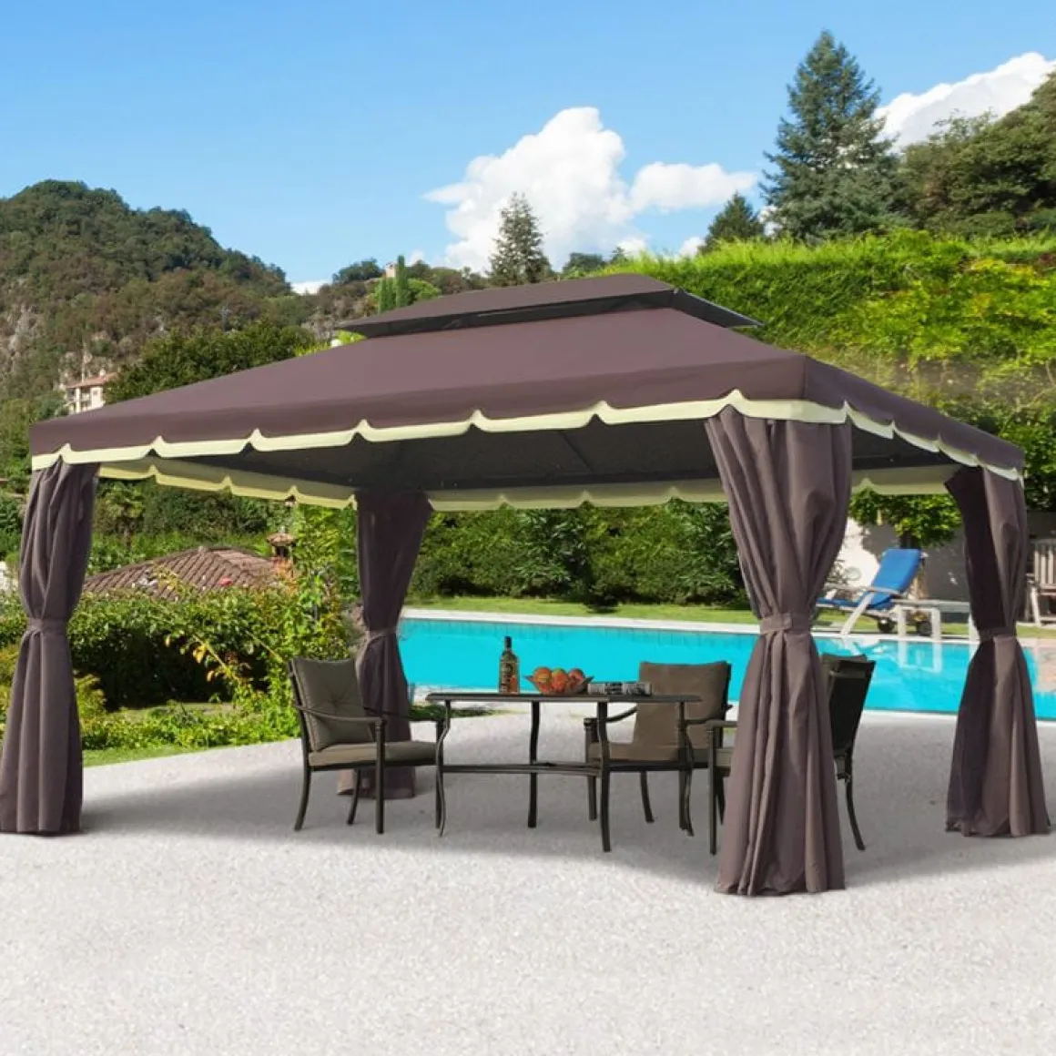 Cenador Outsunny con cortinas+mosquiteras café 2,8x3,9x2,9 m