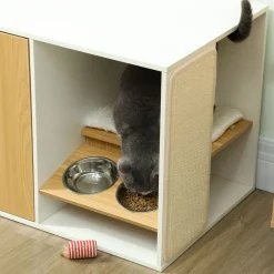 Centro de actividades para gatos Pawhut arenero + comedero + rascador + cama blanco/natural 50,5x95x48 cm