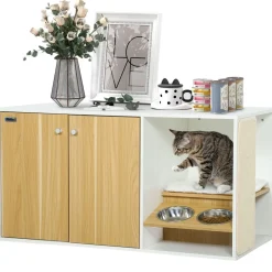 Centro de actividades para gatos Pawhut arenero + comedero + rascador + cama blanco/natural 50,5x95x48 cm