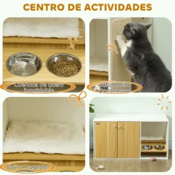 Centro de actividades para gatos Pawhut arenero + comedero + rascador + cama blanco/natural 50,5x95x48 cm
