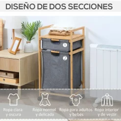 Cesto de la ropa sucia Umyt Homcom bambú 2 cestas gris 84,5x42x35 cm