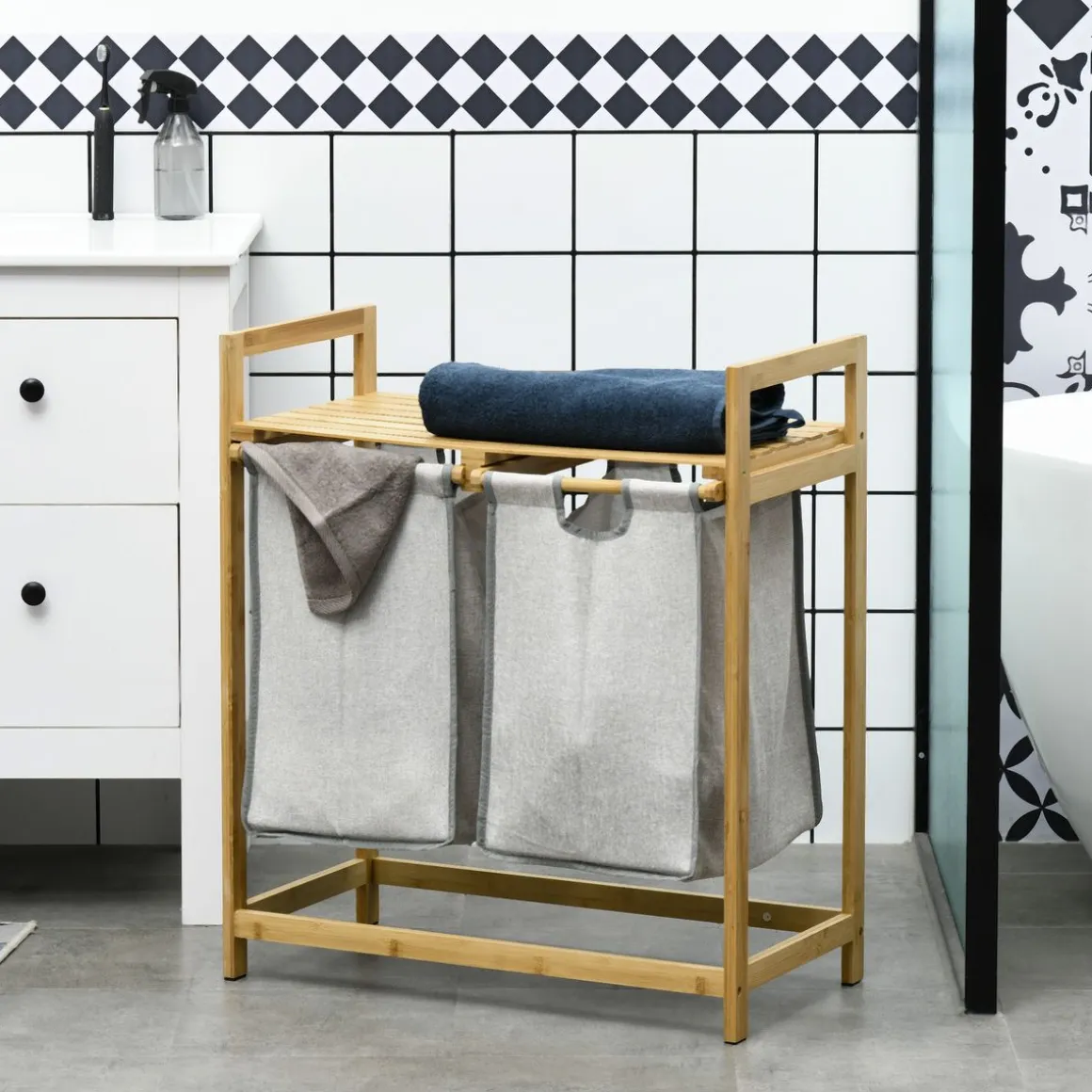 Cesto de ropa sucia Nalón Homcom 2 compartimentos + estante superior bambú gris/natural 73x33x64 cm