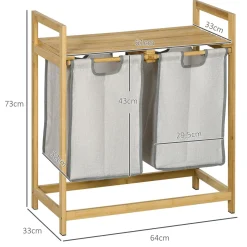 Cesto de ropa sucia Nalón Homcom 2 compartimentos + estante superior bambú gris/natural 73x33x64 cm