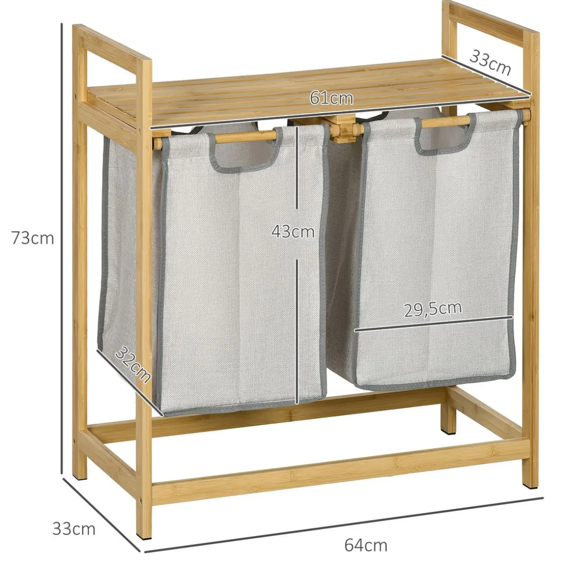 Cesto de ropa sucia Nalón Homcom 2 compartimentos + estante superior bambú gris/natural 73x33x64 cm