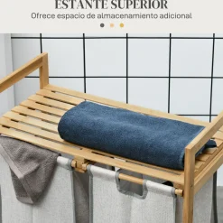 Cesto de ropa sucia Nalón Homcom 2 compartimentos + estante superior bambú gris/natural 73x33x64 cm