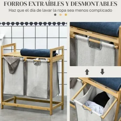 Cesto de ropa sucia Nalón Homcom 2 compartimentos + estante superior bambú gris/natural 73x33x64 cm