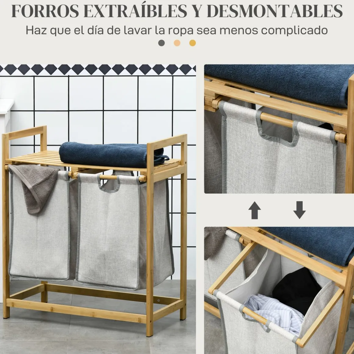 Cesto de ropa sucia Nalón Homcom 2 compartimentos + estante superior bambú gris/natural 73x33x64 cm