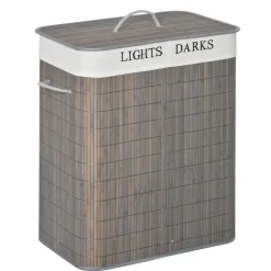 Cesto de ropa sucia Segura Homcom 2 compartimentos + tapa bambú gris 58x33x26 cm