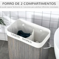 Cesto de ropa sucia Segura Homcom 2 compartimentos + tapa bambú gris 58x33x26 cm