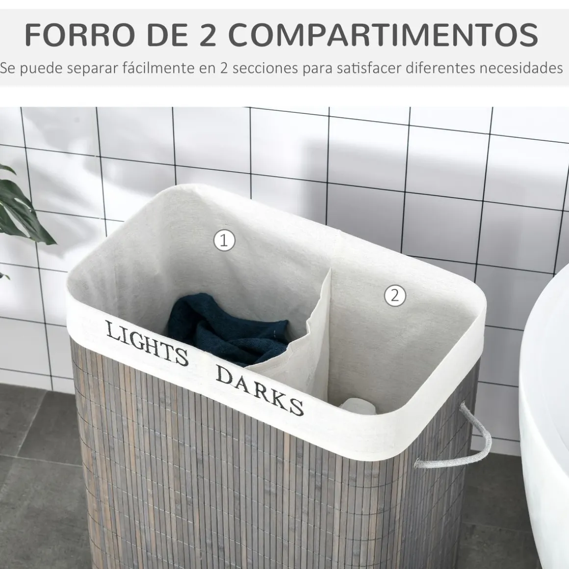 Cesto de ropa sucia Segura Homcom 2 compartimentos + tapa bambú gris 58x33x26 cm