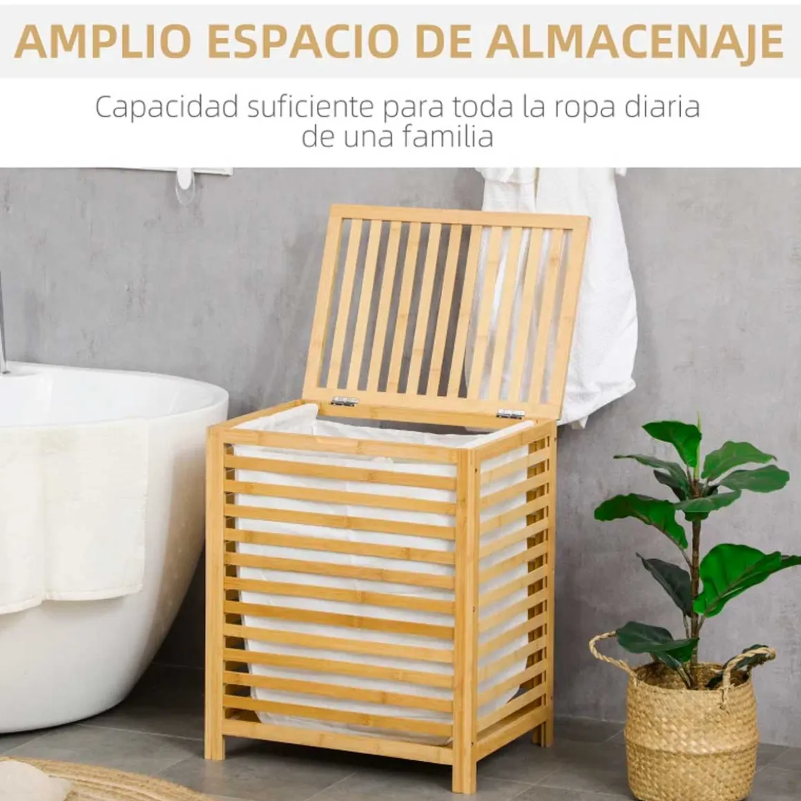 Cesto multiusos Bamboo Homcom 55L bolsa extraíble natural 60x50x36 cm