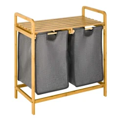 Cesto para ropa sucia Homcom 2 bolsas extraíbles + estante bambú natural 73x63,5x33 cm