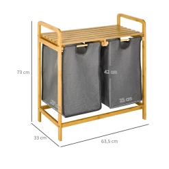 Cesto para ropa sucia Homcom 2 bolsas extraíbles + estante bambú natural 73x63,5x33 cm