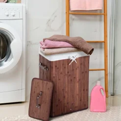 Cesto para ropa sucia Homcom plegable con tapa 70L bambú marrón 60x40x30 cm