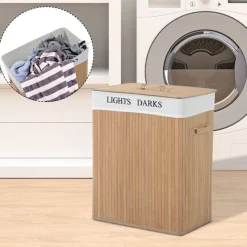 Cesto para ropa sucia Homcom 2 compartimentos+tapa bambú 63x52x32 cm