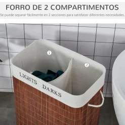 Cesto para ropa sucia 100L 2 compartimentos marrón 63x52x32 cm