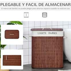 Cesto para ropa sucia 100L 2 compartimentos marrón 63x52x32 cm