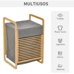 Cesto para ropa sucia Luxe Homcom con bolsa extraíble bambú natural/gris 60,5x35,5x40