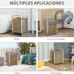Cesto para ropa sucia Luxe Homcom con bolsa extraíble bambú natural/gris 60,5x35,5x40