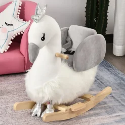 Cisne balancín Homcom +18 meses con reposapiés+cinturón blanco/gris 59x60x33 cm