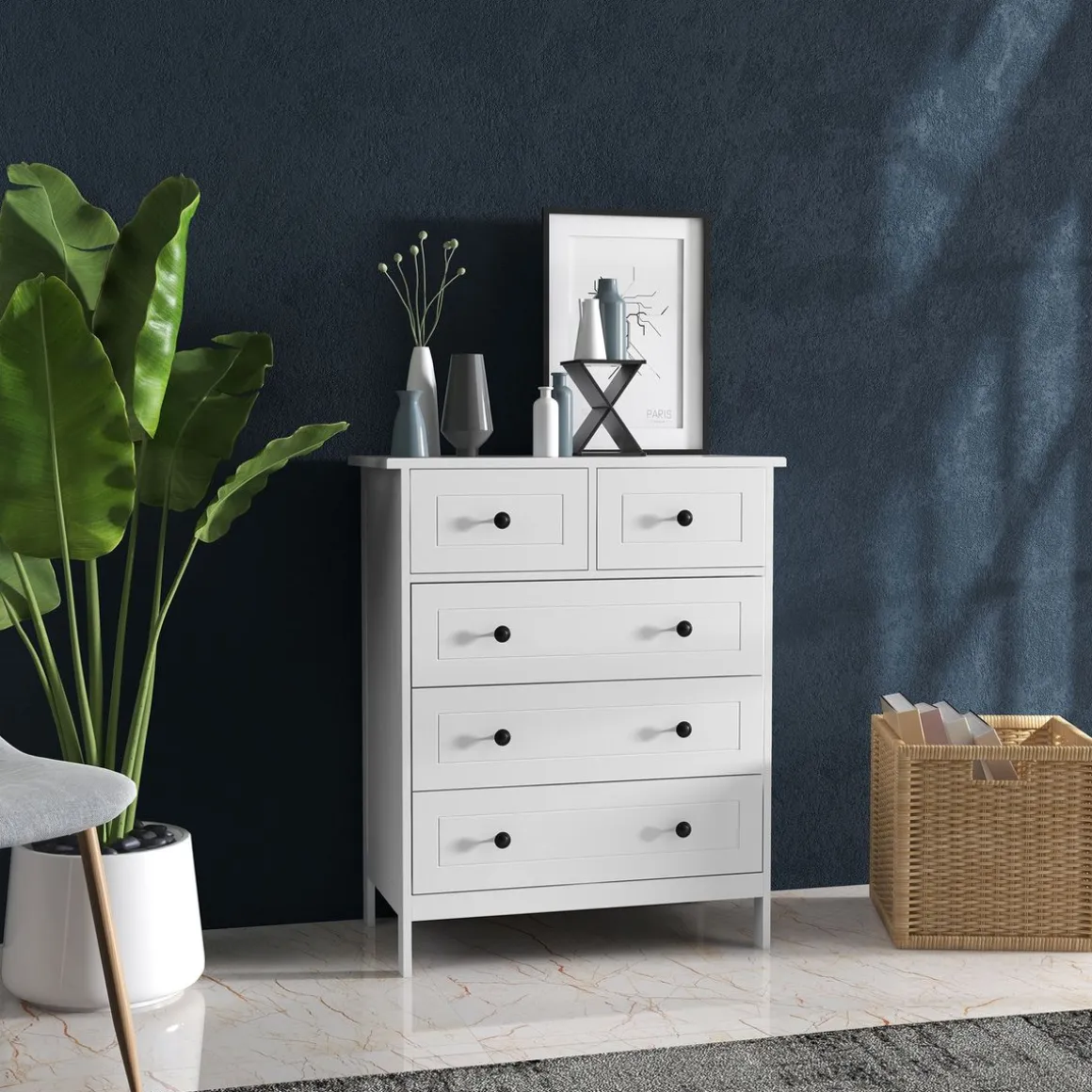 Cómoda Kalue Homcom 5 cajones blanco 91x74x40 cm