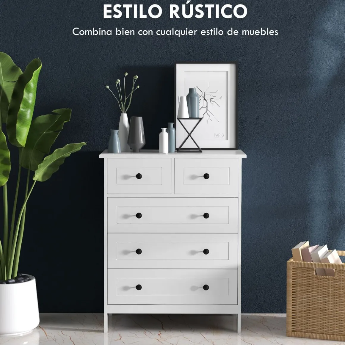 Cómoda Kalue Homcom 5 cajones blanco 91x74x40 cm