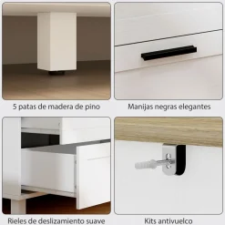 Cómoda Lilo Homcom 6 cajones con tiradores blanco/natural 71x120x38 cm