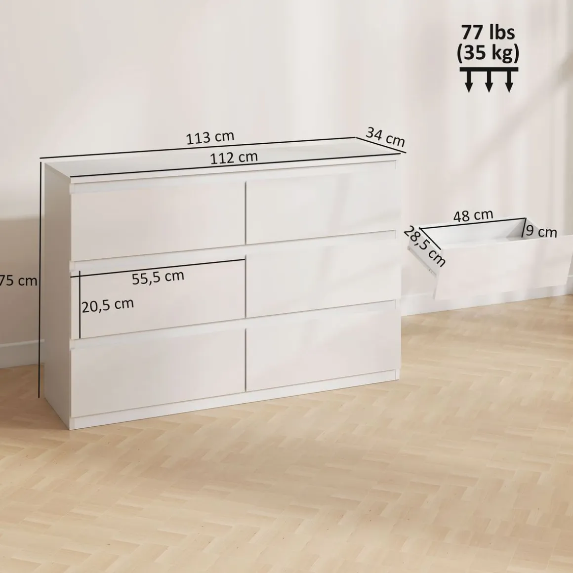 Cómoda Tallín Homcom 6 cajones blanco 75x112x34 cm