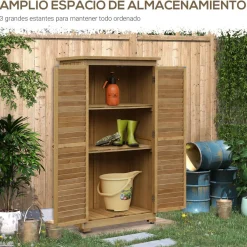 Cobertizo de jardín Wood Outsunny 2 puertas + 3 estantes interiores natural 160x87x46,5 cm