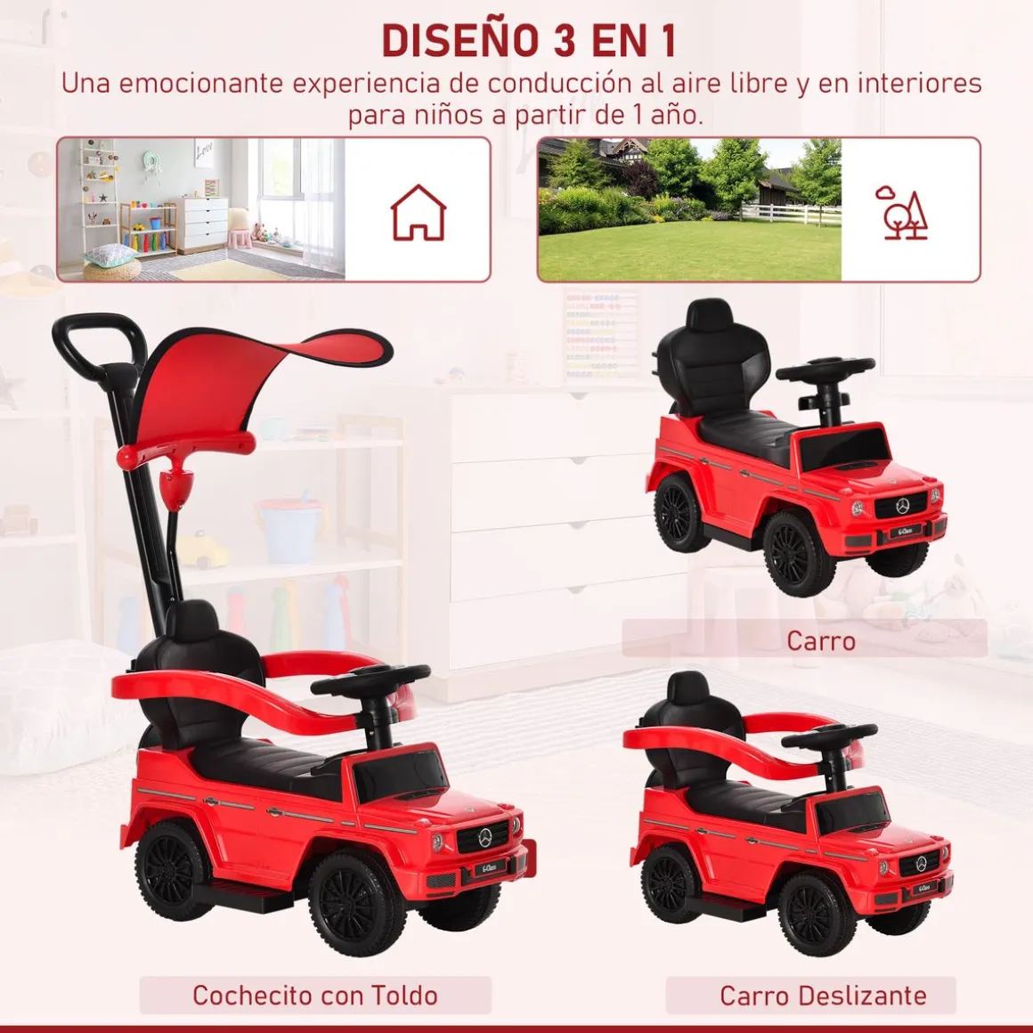 Coche correpasillos Mercedes G350 Homcom 3 en 1 +3A 95X85,5X40 cm