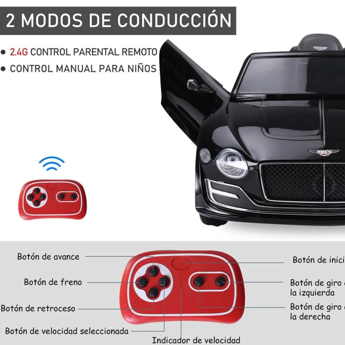 Coche eléctrico Bentley GT Homcom con luz y sonido +3A negro 43x60x108 cm