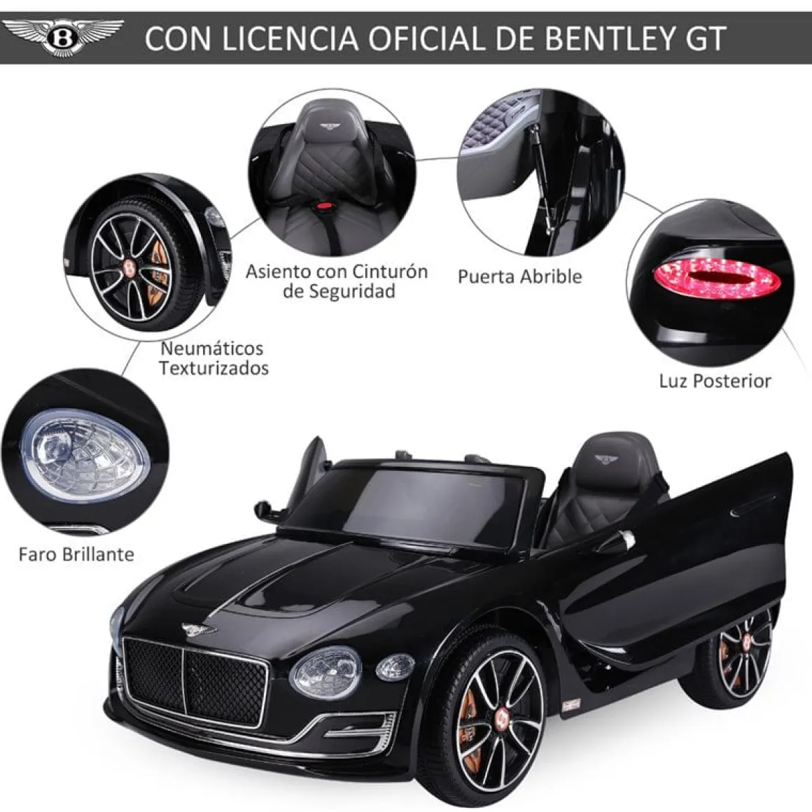Coche eléctrico Bentley GT Homcom con luz y sonido +3A negro 43x60x108 cm