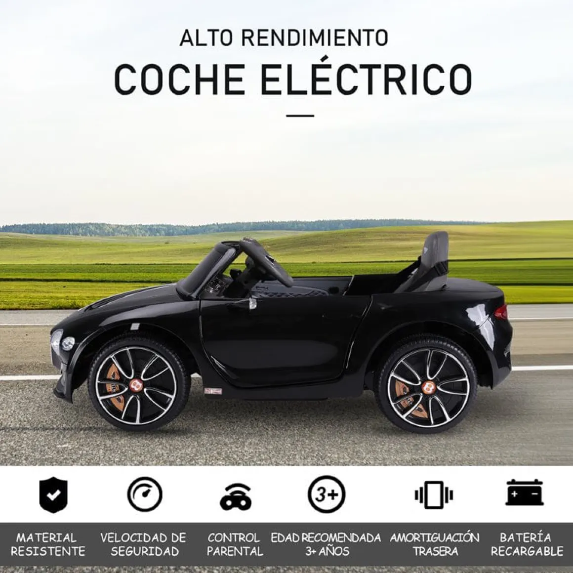 Coche eléctrico Bentley GT Homcom con luz y sonido +3A negro 43x60x108 cm