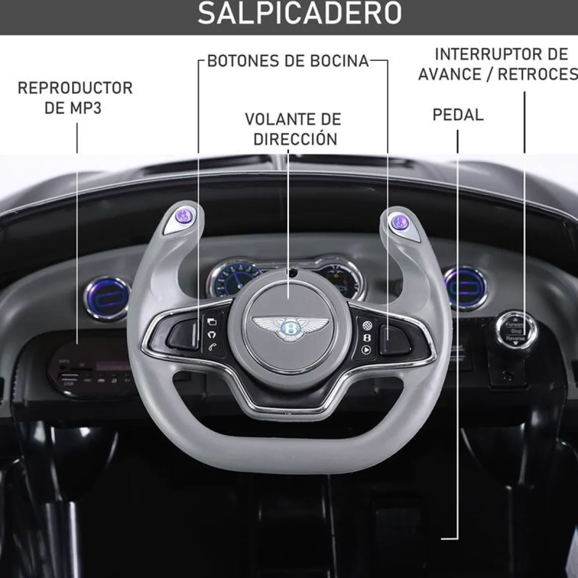 Coche eléctrico Bentley GT Homcom con luz y sonido +3A negro 43x60x108 cm