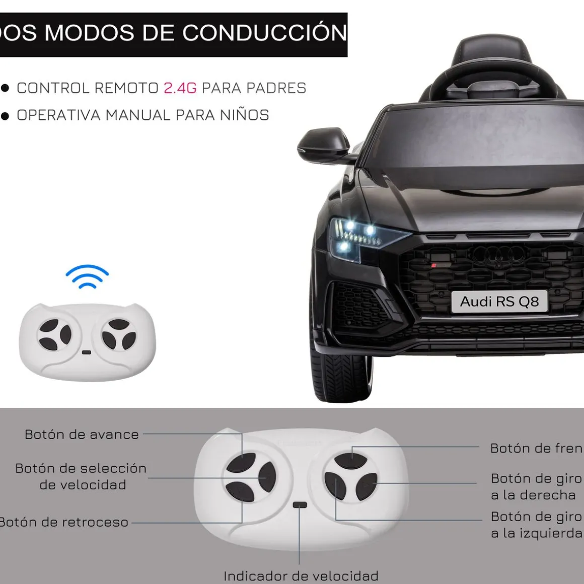 Coche eléctrico infantil Audi RS Q8 Homcom con mando a distancia negro 51x101x62 cm